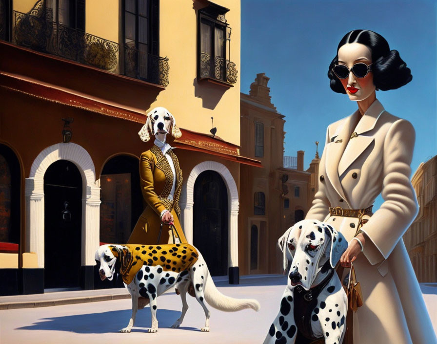 Stylized woman with Dalmatians in chic outfit on sunny street