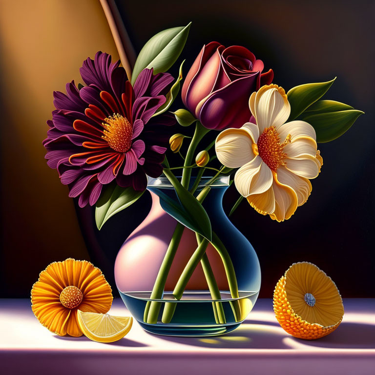 Vibrant Still Life Painting with Glass Vase and Flowers