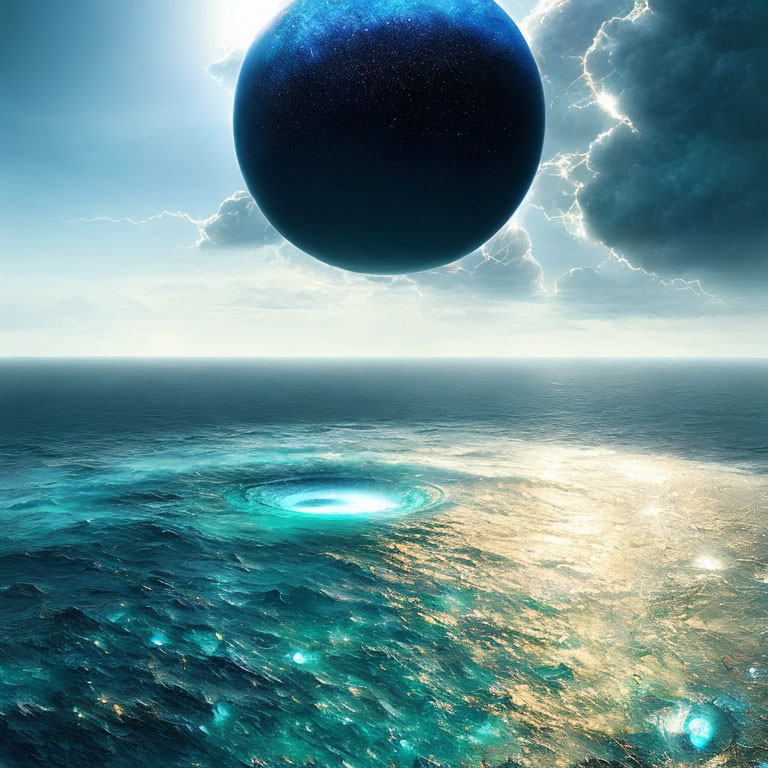 Majestic celestial body over vibrant ocean with luminous anomalies