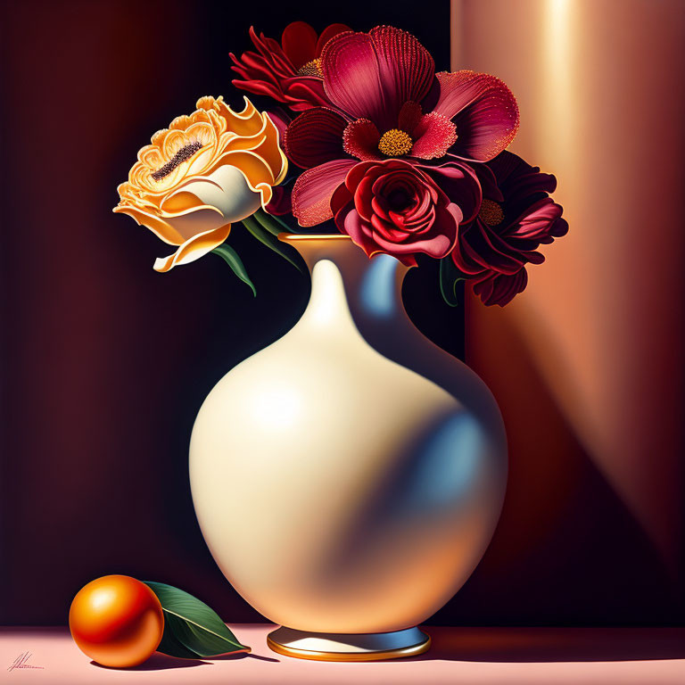 Classic Still Life Painting: Vase, Flowers, Apricot, Table, Warm Lighting