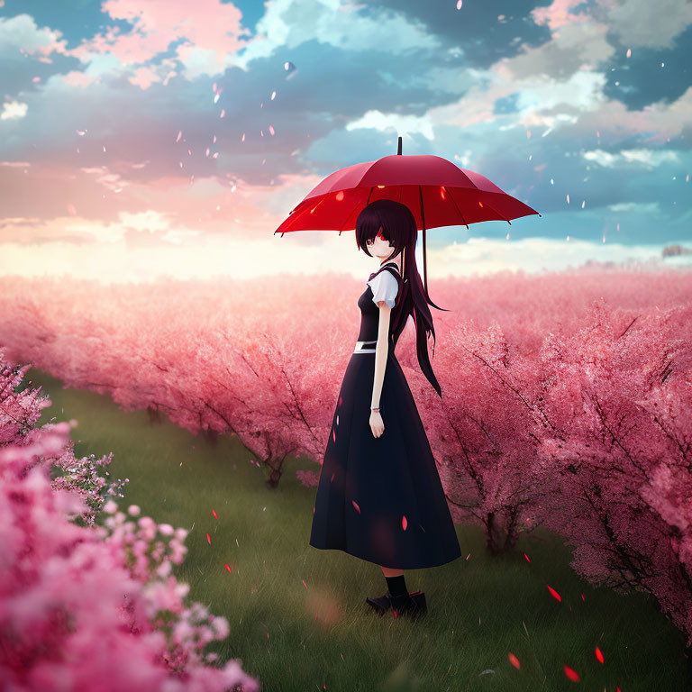 Anime girl in cherry blossom field with red umbrella