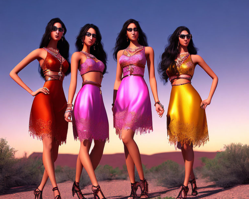 Four Women in Stylish Dresses and Sunglasses Posing in Desert Setting