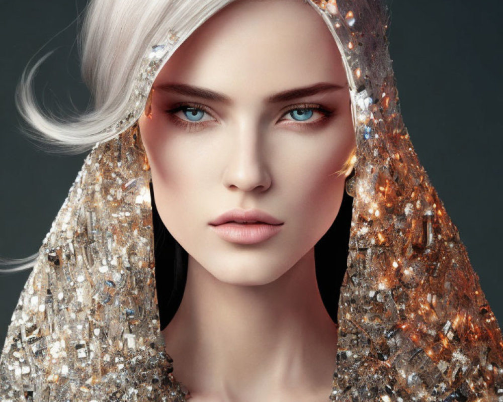 Person with Striking Blue Eyes, Flawless Skin, Silver Hair, and Golden Hood