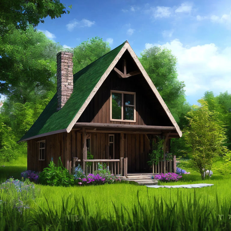 Quaint A-Frame House with Green Roof and Purple Flowers