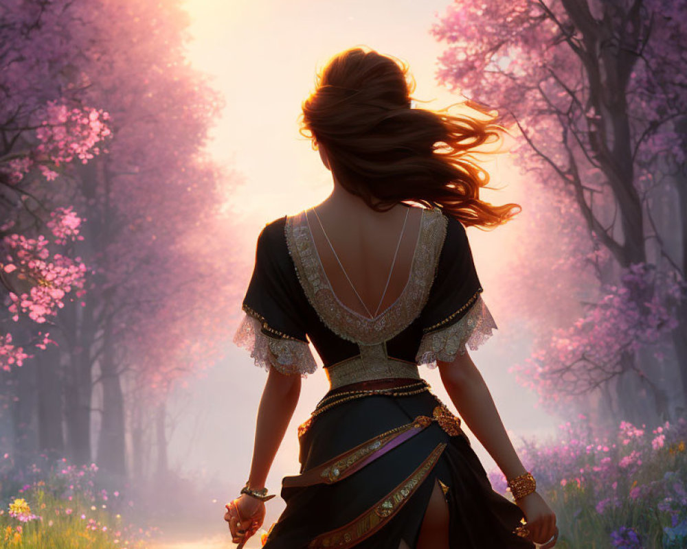 Ornately dressed woman strolling among pink blooming trees on misty path