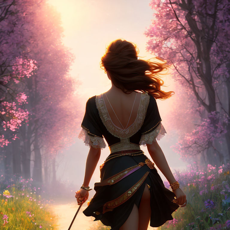 Ornately dressed woman strolling among pink blooming trees on misty path