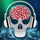 White Headphones Surround Glowing Brain Illustration on Blue Background