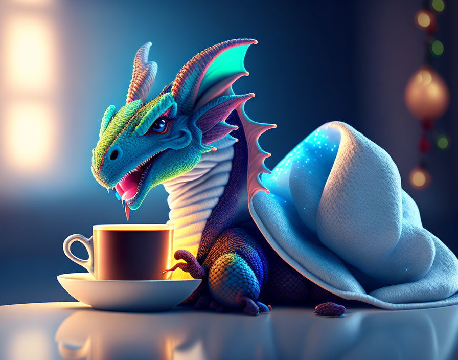 Colorful Dragon Coiled Around Steaming Coffee Cup