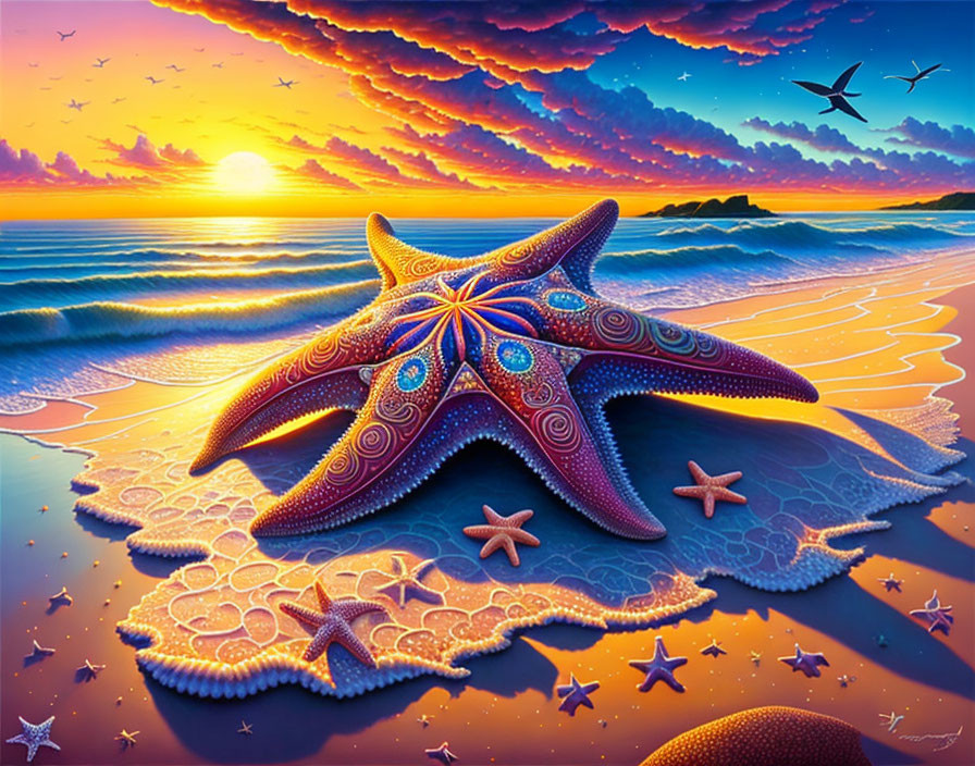 Colorful sunset beach scene with oversized starfish, birds, and vibrant clouds