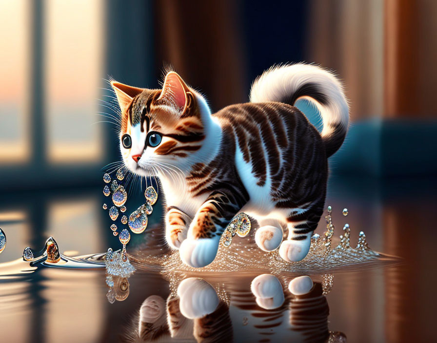 Playful kitten with striking markings taps water droplets on reflective surface