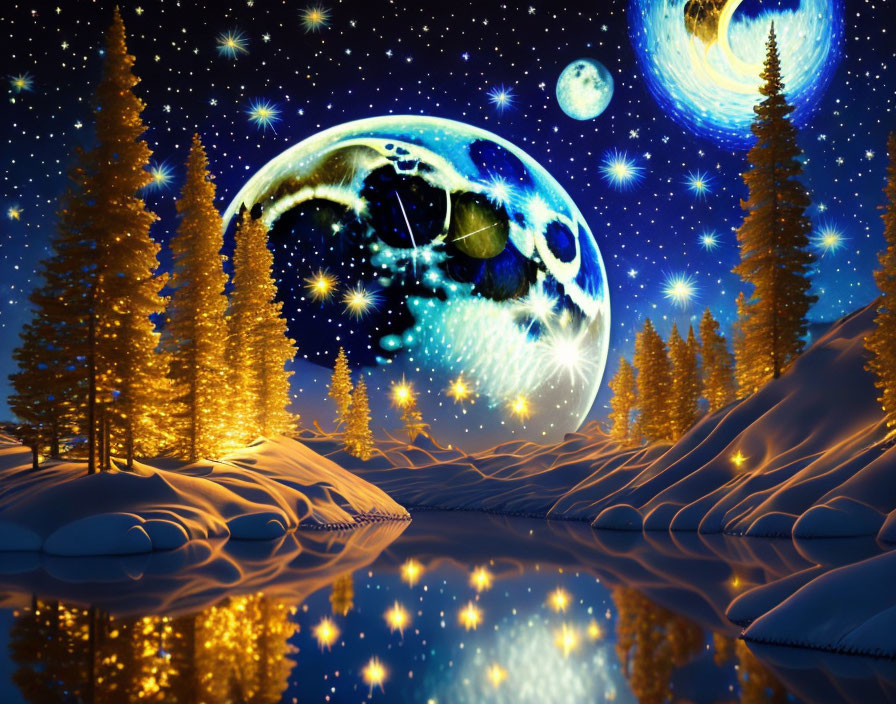 Surreal winter landscape with vivid planet and moon reflected in tranquil river