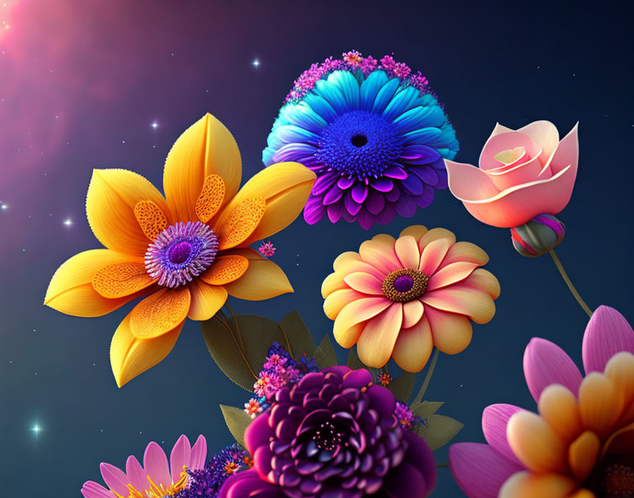 Colorful Stylized Flower Digital Art on Dark Background