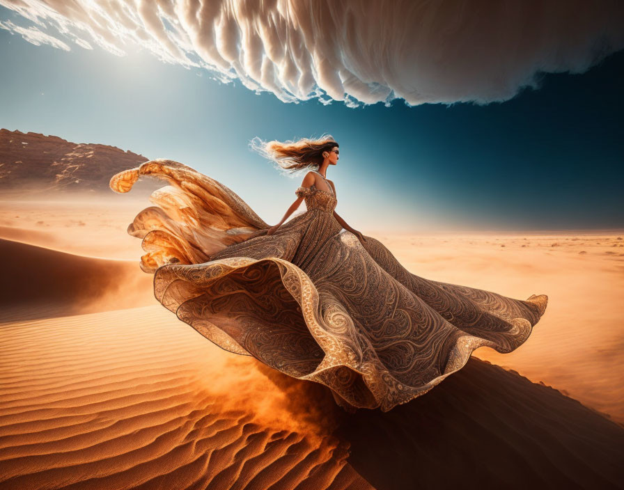 Woman in ornate dress gracefully leaping across sand dunes under dramatic sky