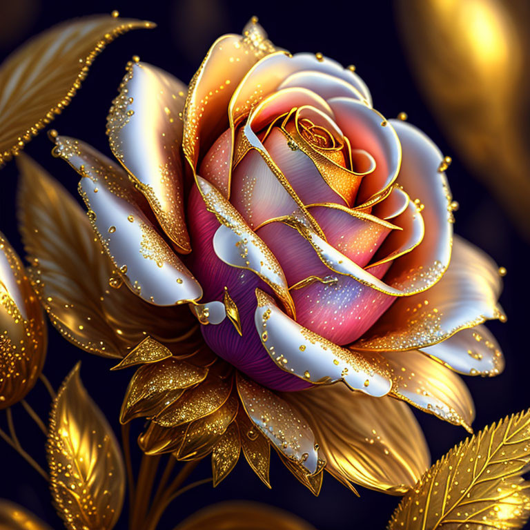 Stylized digital artwork of gradient rose with glitter and golden leaves