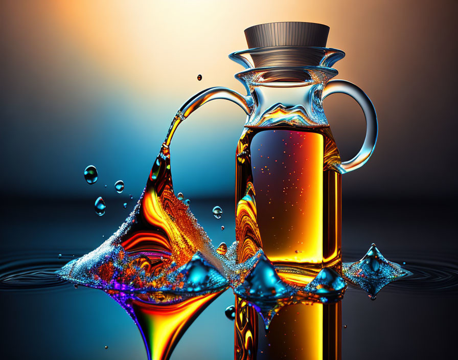 Vibrant liquid splashing from transparent pitcher on warm backdrop