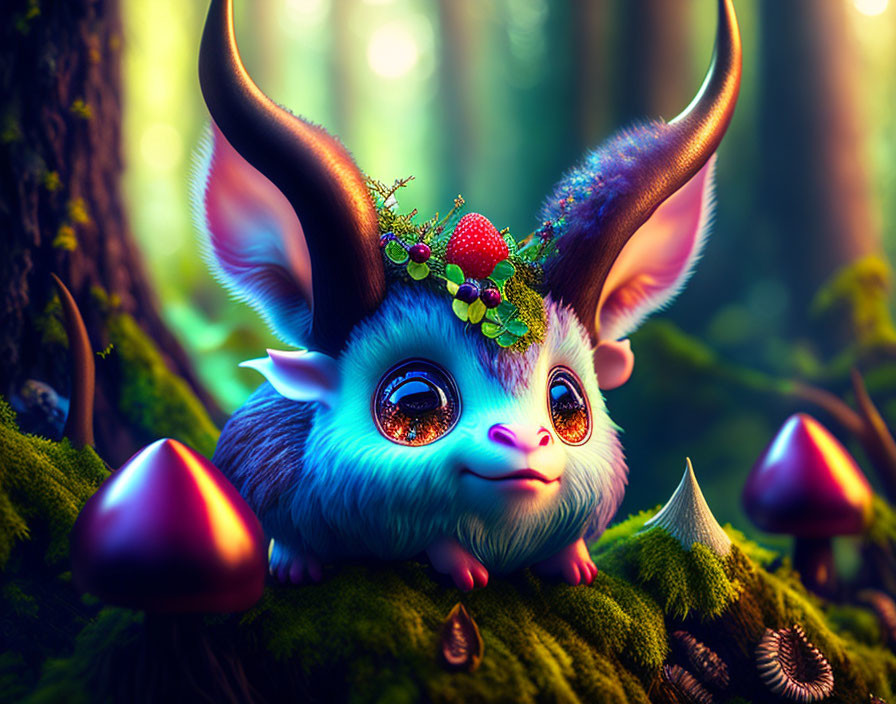 Fantastical creature with crown in lush forest.