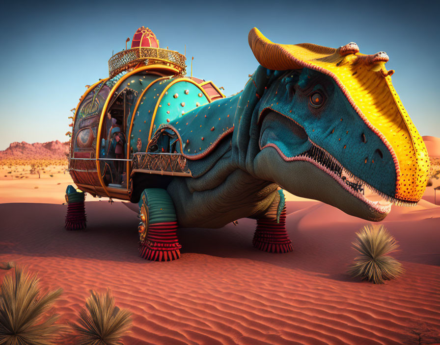 Luxury Carriage Dinosaur Artwork in Desert Landscape