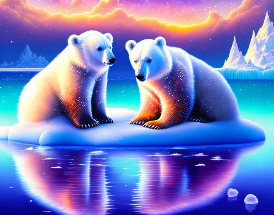 Polar bears on ice floe under starry aurora-filled sky