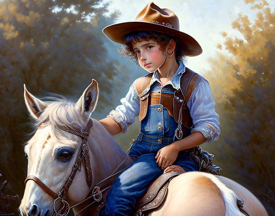 Child in cowboy hat on pale horse in forest setting