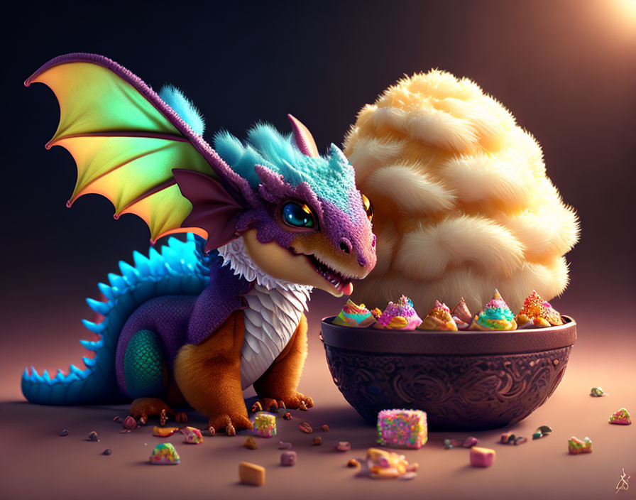 Colorful Animated Dragon with Fluffy Tail Next to Bowl of Gem-like Sweets