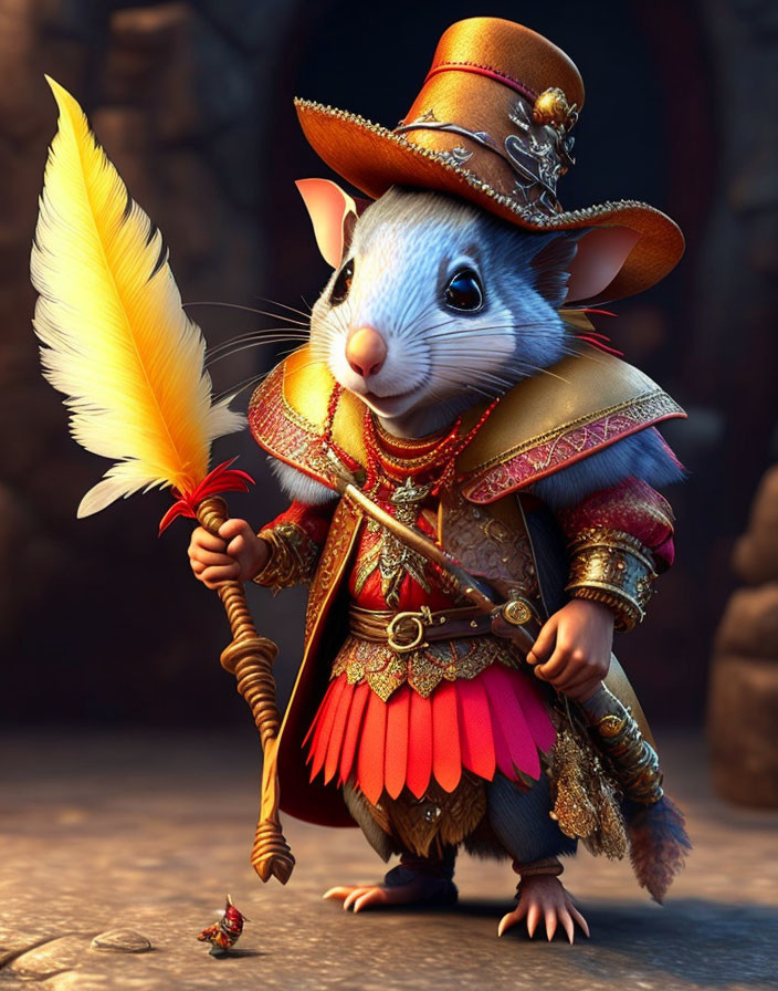 Anthropomorphic mouse in renaissance attire with quill in stone setting