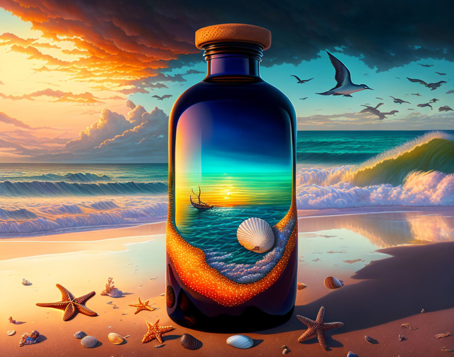 Surreal seascape in a bottle with sunset, waves, boat, beach, starfish.