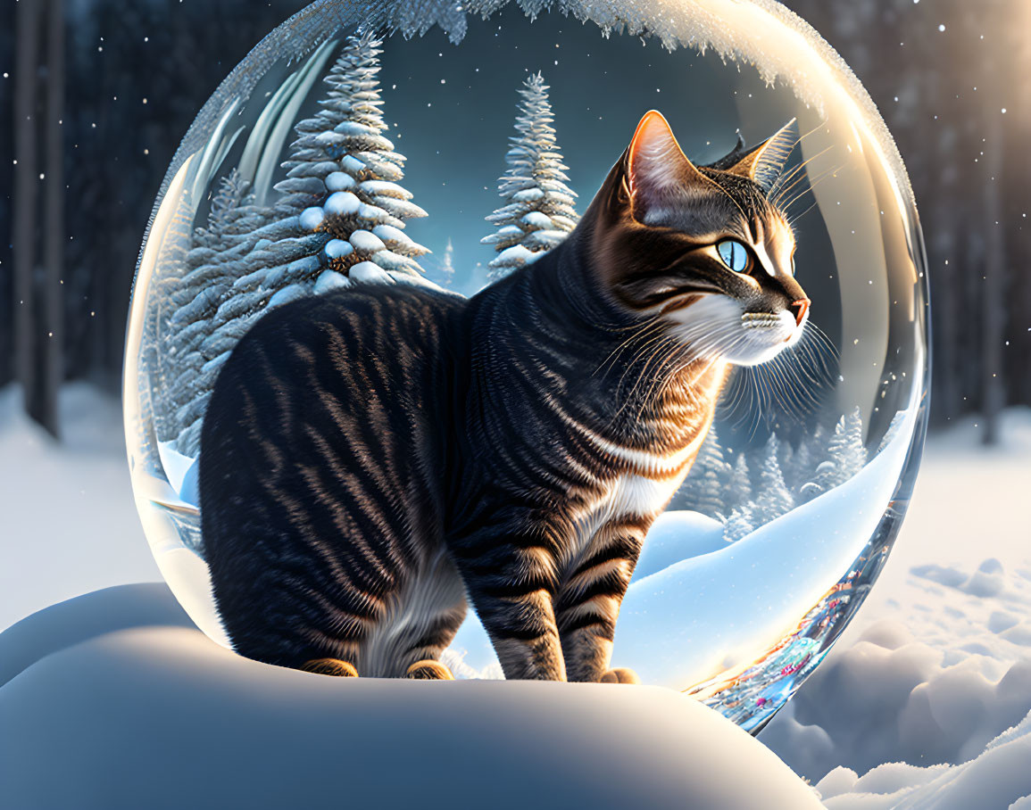 Striped cat in bubble on snowy mound with wintry forest backdrop