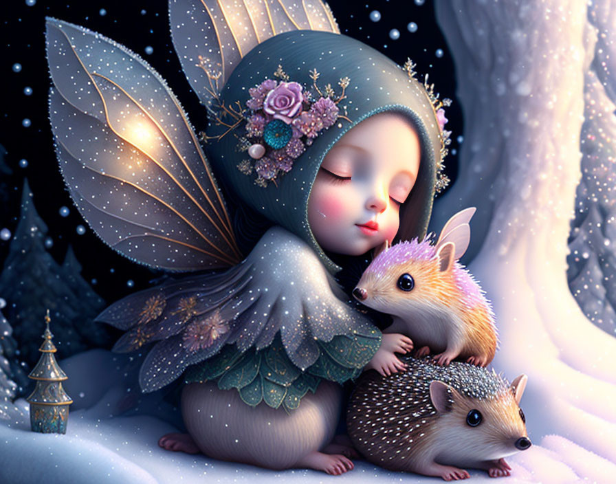 Fairy child with translucent wings embracing hedgehogs in snowy landscape