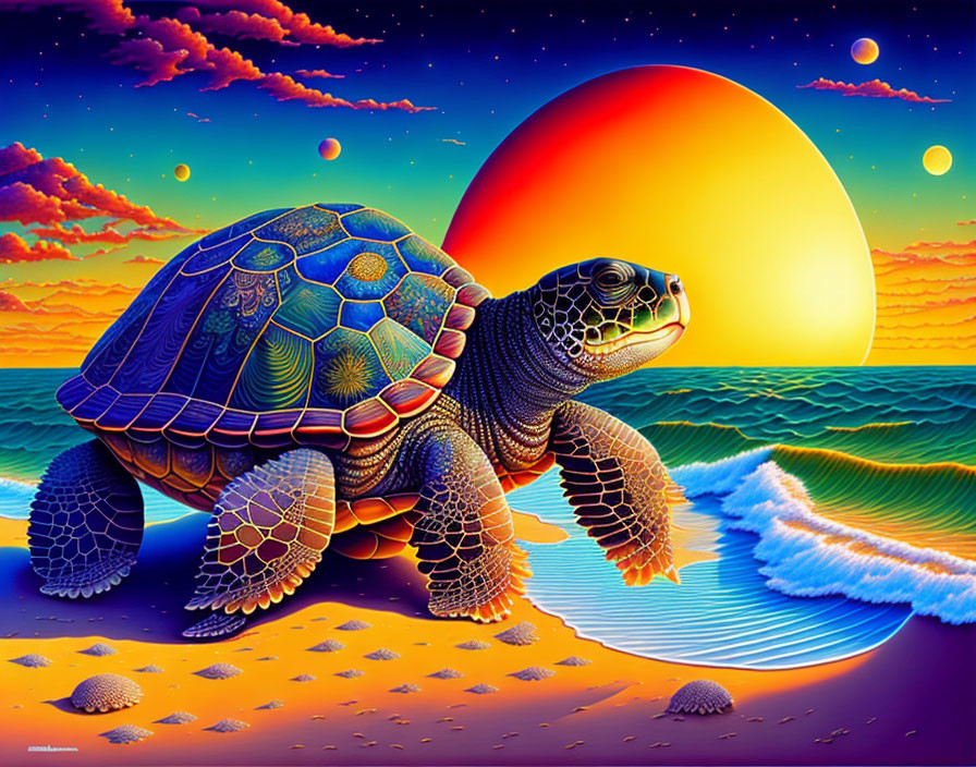 Colorful sunset beach scene with turtle and sun.