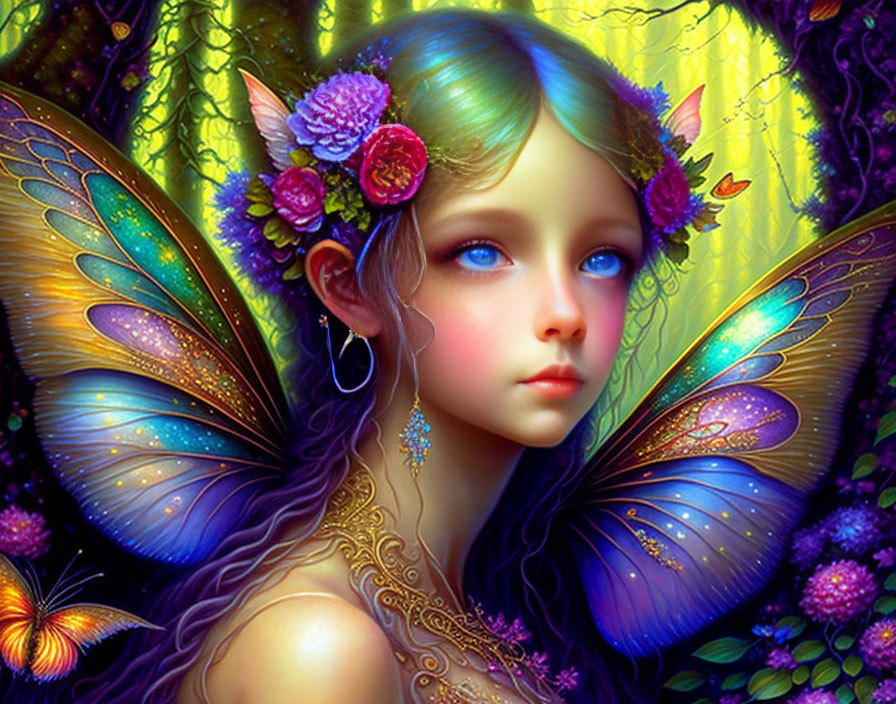 Colorful Digital Artwork: Young Girl with Blue Hair and Butterfly Wings