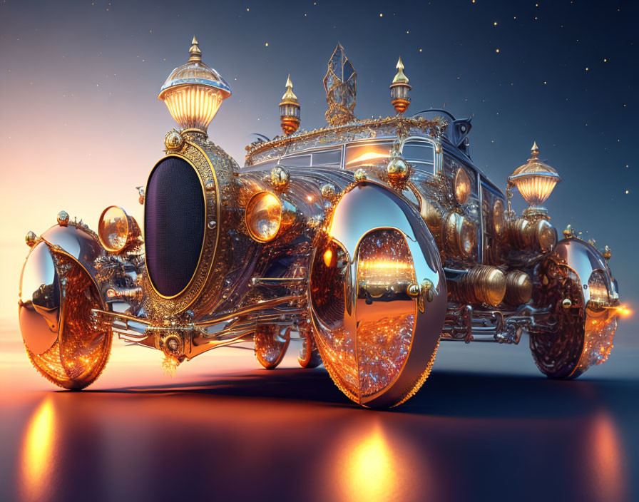 Intricate steampunk vehicle with spherical wheels under starry dusk sky