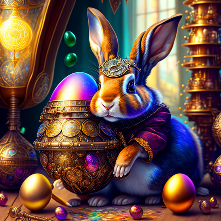 Regal rabbit in gear-themed attire with steampunk Easter egg and floating orbs