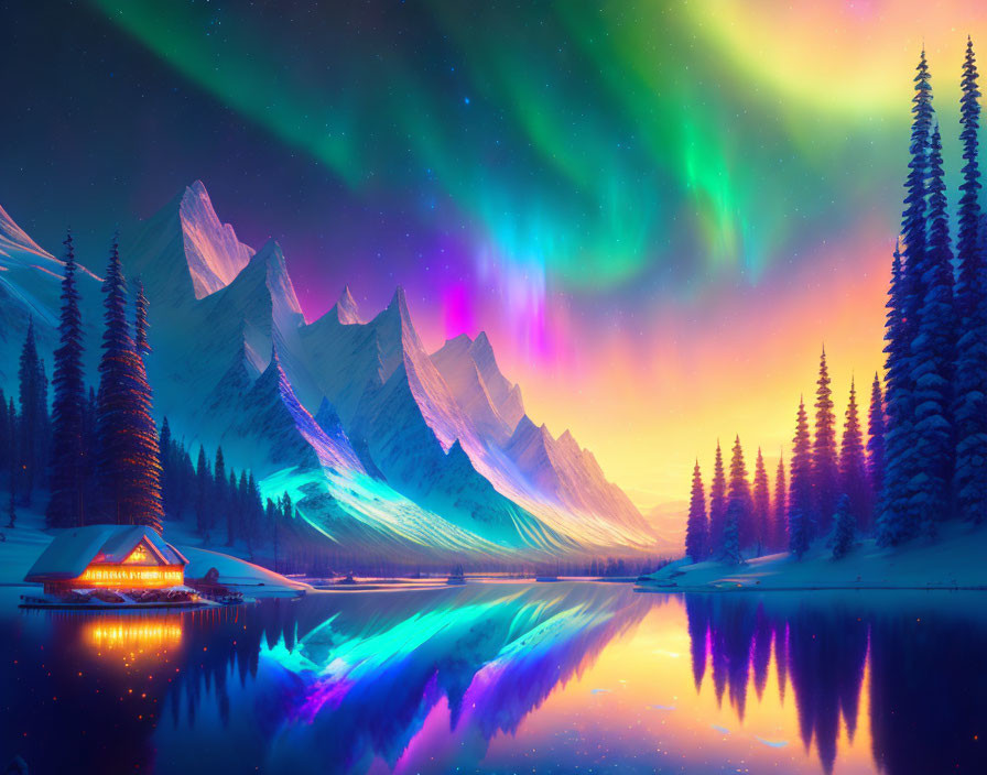 Majestic aurora borealis illuminating mountain lake scene