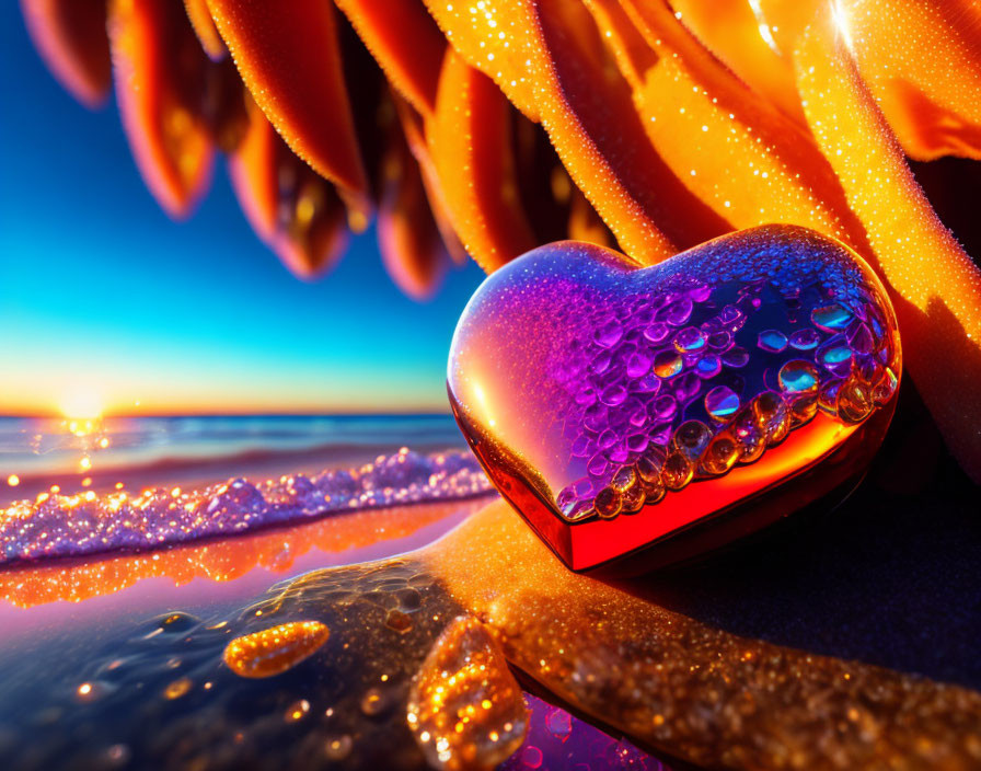 Shiny heart-shaped object with droplets on shore at sunset