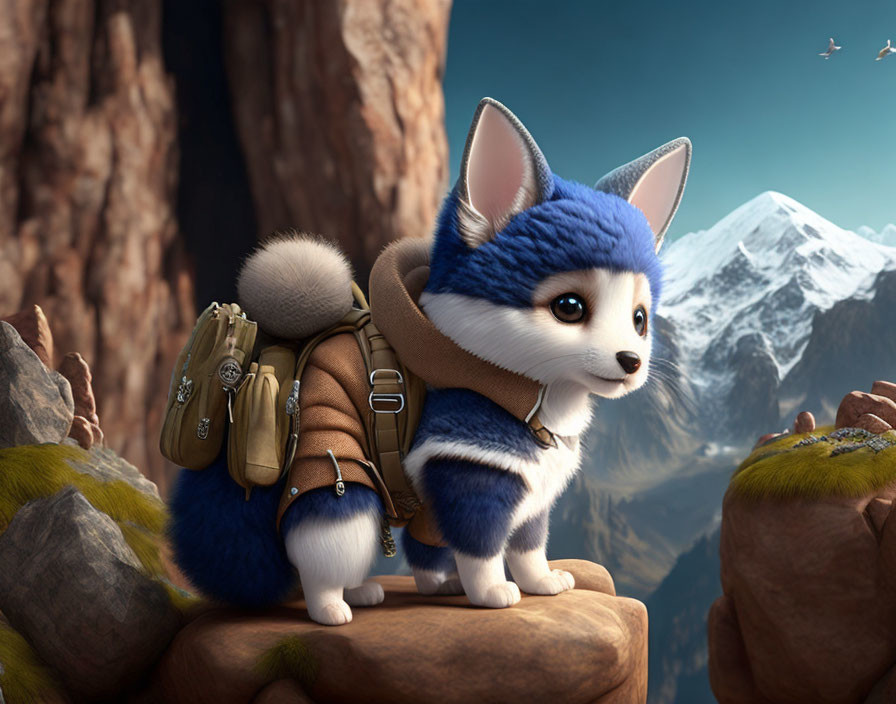 Blue furry puppy with hat and backpack on rocky ledge overlooking mountains