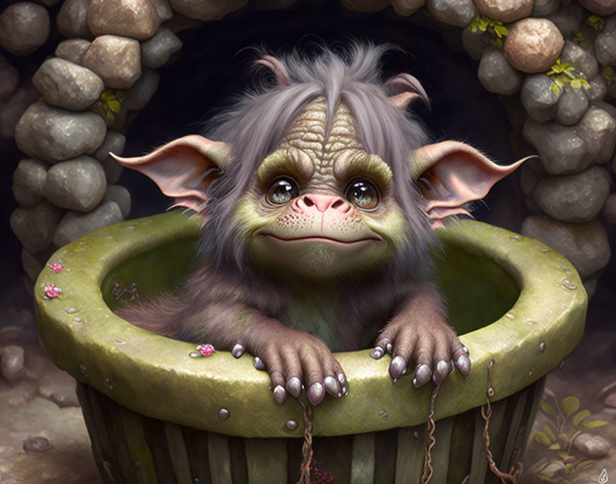 Fantasy creature with large ears and eyes in wooden barrel among rocks