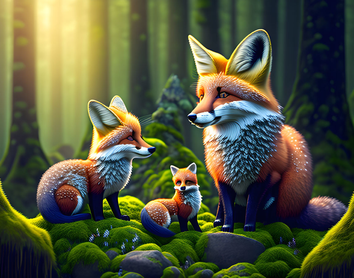 Three Foxes in Vibrant Forest with Sunbeams