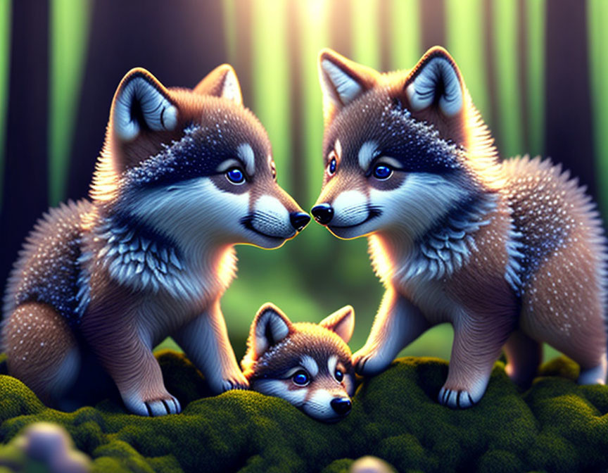 Animated foxes in magical forest with glowing background: two adults sharing spaghetti, baby watching