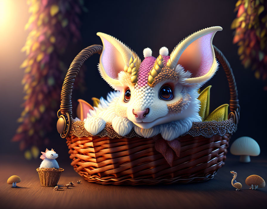 Whimsical bunny-dragon creature in wicker basket with tiny creatures and mushrooms in magical forest setting