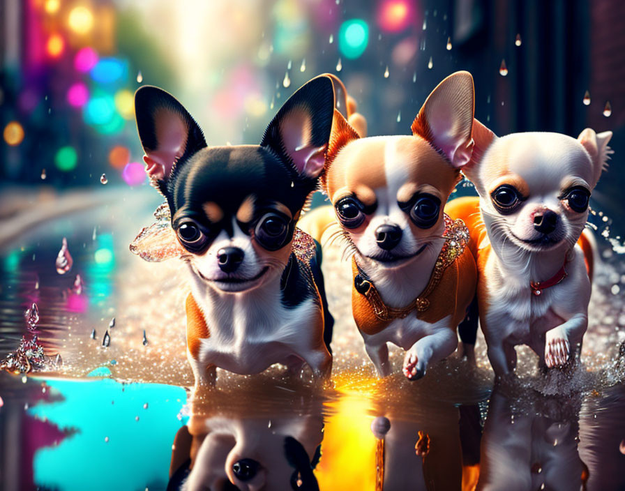 Three Chihuahua Dogs Standing in Water with Colorful Bokeh Lights