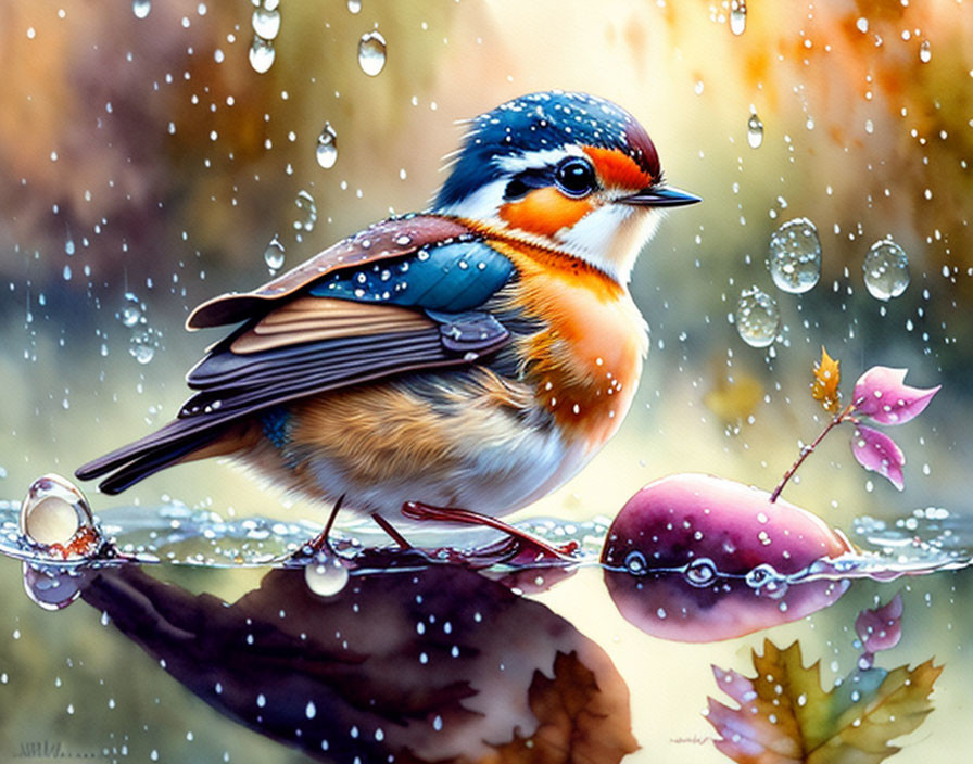 Colorful bird on branch with raindrops and autumn leaves