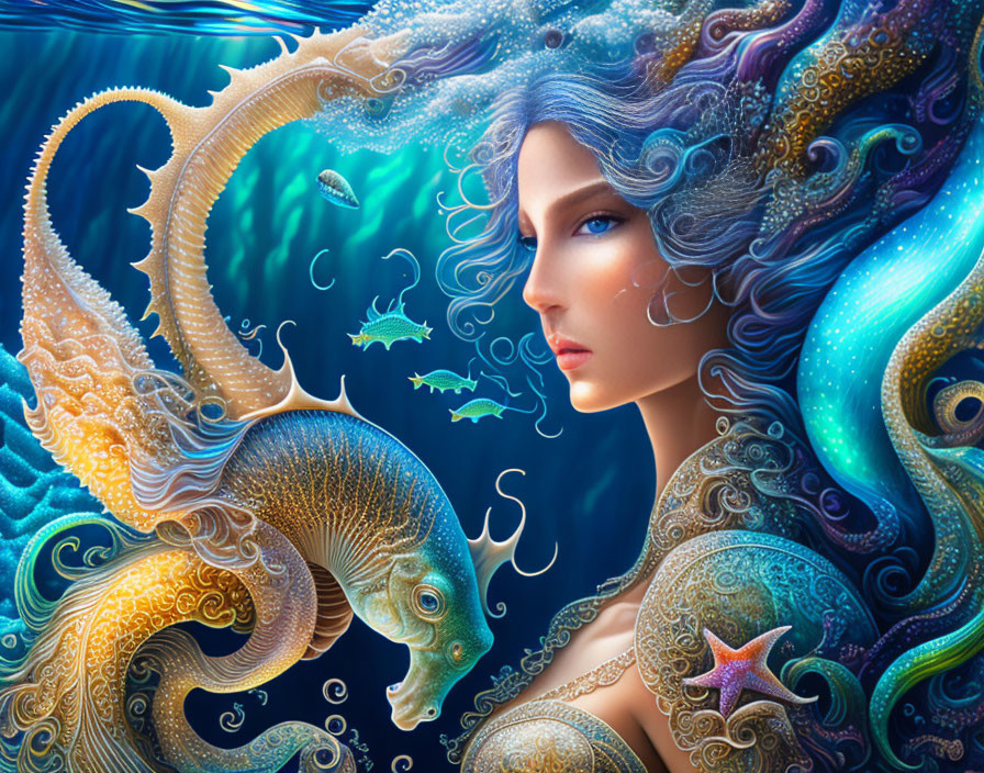 Fantasy illustration of woman with aquatic features and fish, flowing ocean-like hair.