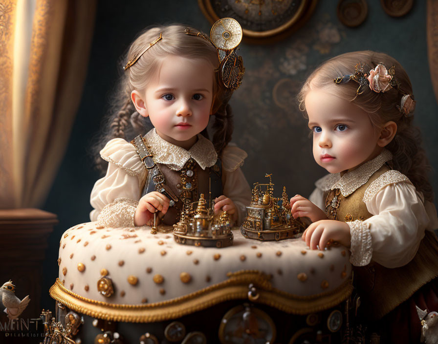 Vintage Attired Children by Table with Gold Carousel and Birds