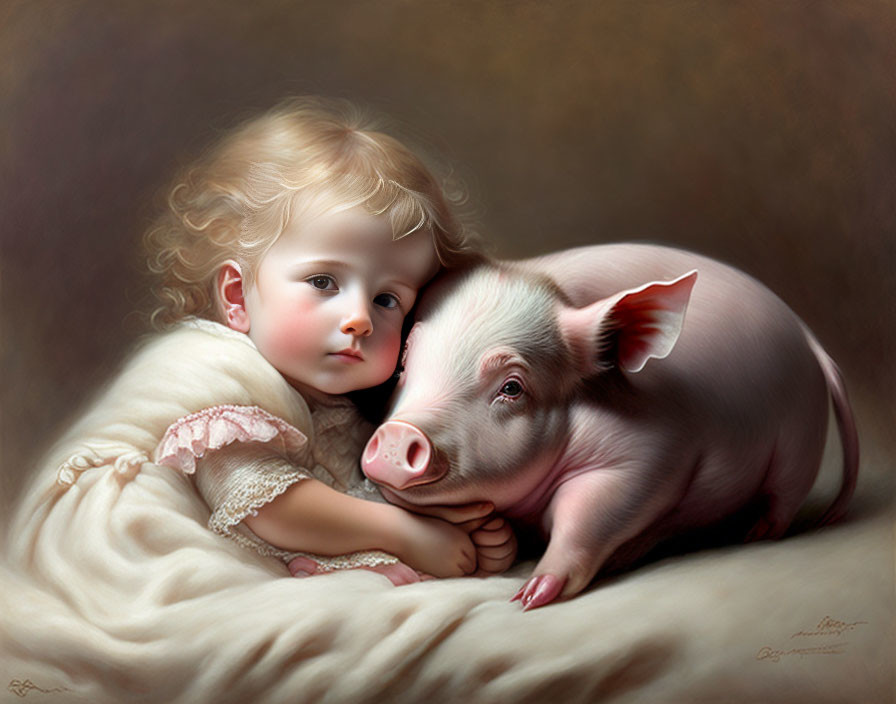 Child with Curly Hair Embracing Serene Piglet