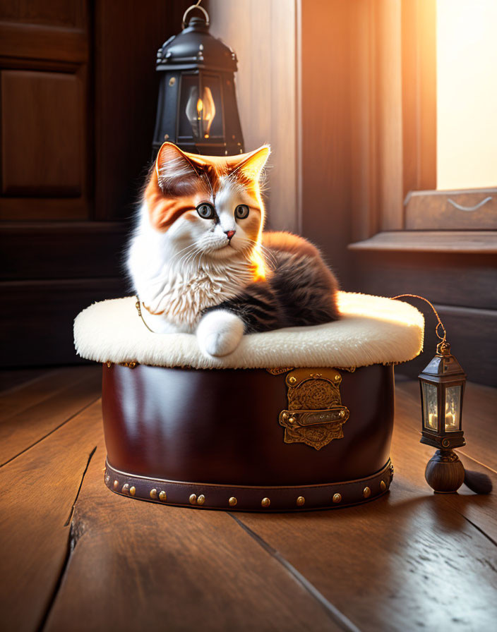 Calico Cat on Plush Pet Bed with Vintage Lantern in Cozy Wooden Interior