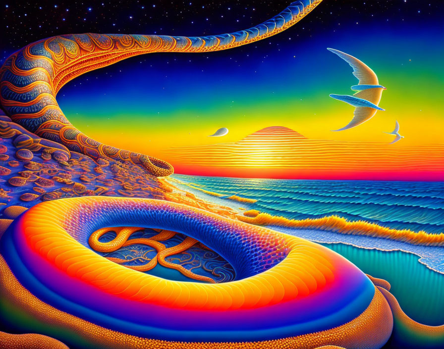 Colorful Psychedelic Artwork of Swirling Structure by Ocean at Sunset