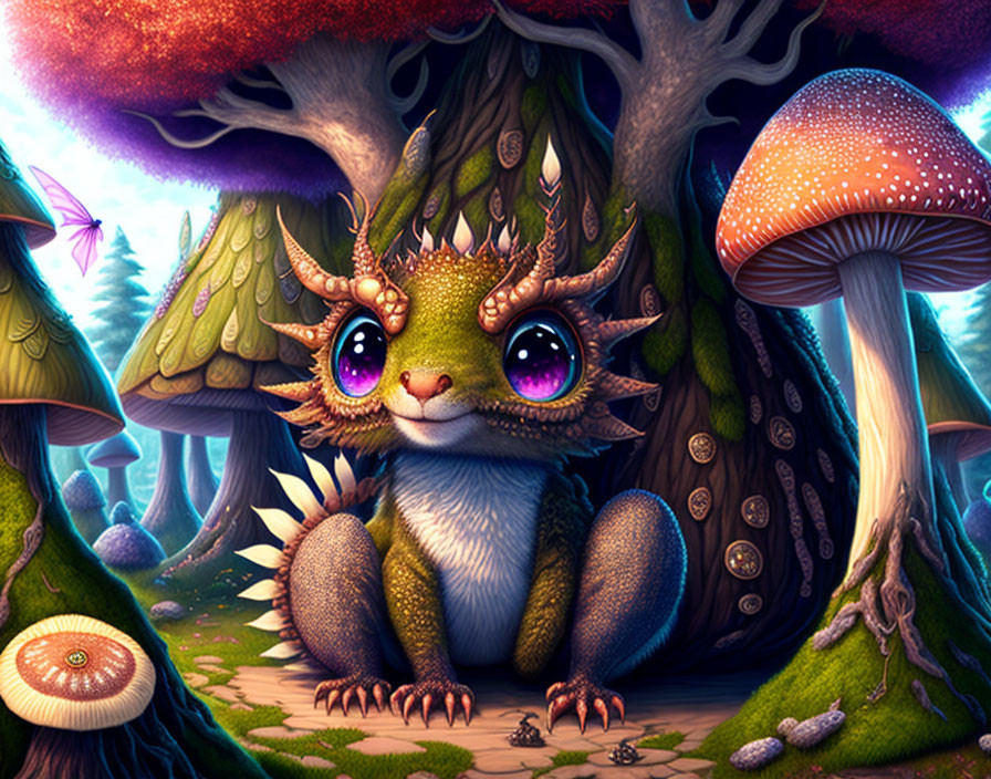 Illustration of cute creature with horns in enchanted forest.