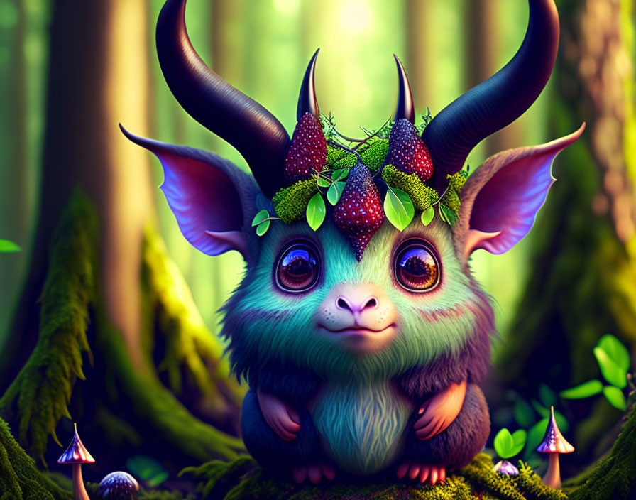 Whimsical creature with large expressive eyes in enchanted forest