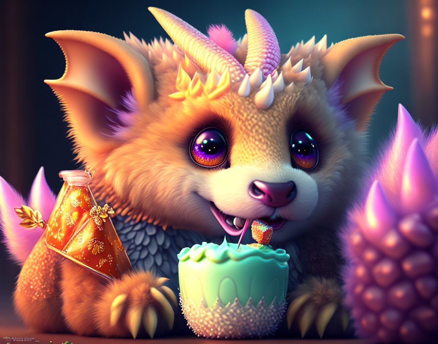 Whimsical creature with unicorn horns enjoying cupcake and potion bottle