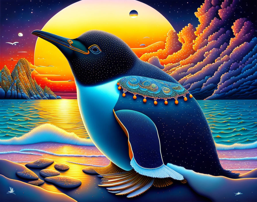 Illustration of a penguin in colorful sunset ocean scene